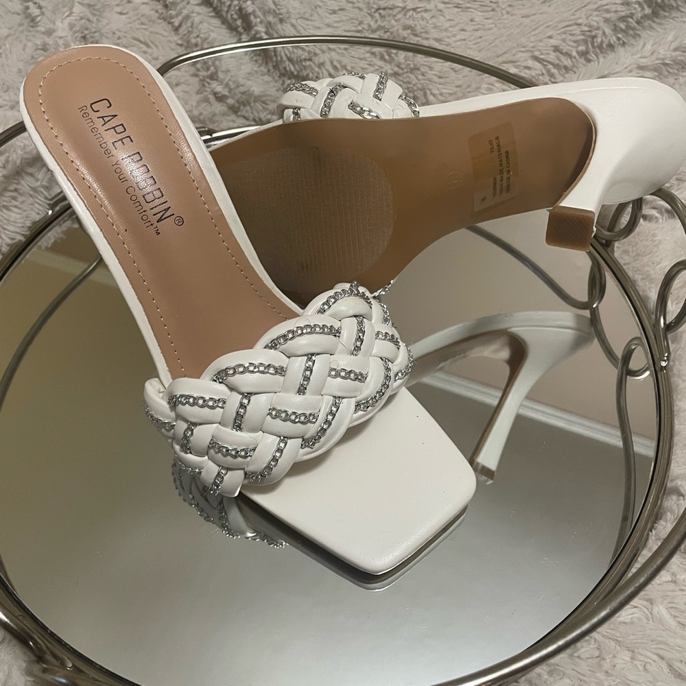 Cape Robbin White Braided Rhinestone Mule Heels